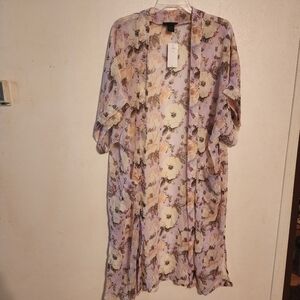 Steve Madden Long Sheer Lavender Floral Kimono Cardigan w/ Pockets One Size NWT